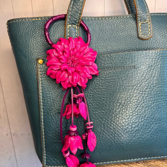 Bright Pink Dahlia Leather Flower Purse Charm Genuine Leather Pink Bag Charm - Picture 2 of 5